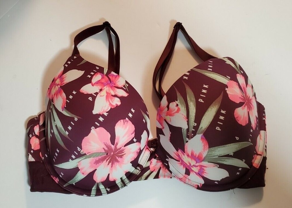 Victoria's Secret Pink Padded Bra 36D Floral Burgundy Spell Out Convert Straps